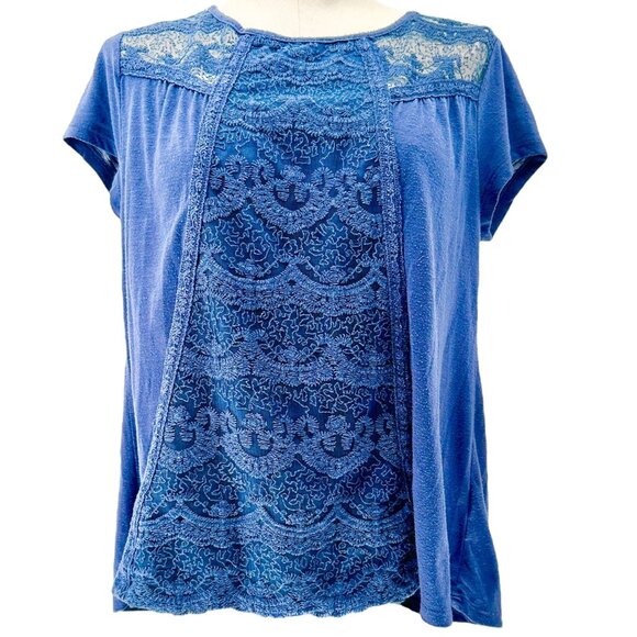 Rewind Blouse Womens L Lace Detailed Blue SS Keyhole Button Back Cotton Blend - Picture 1 of 9